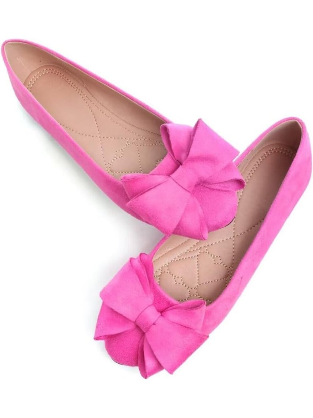 Women's Round Rose Red Suede Fashion Bowknot Flats Comfort Pointed Toe Shoes